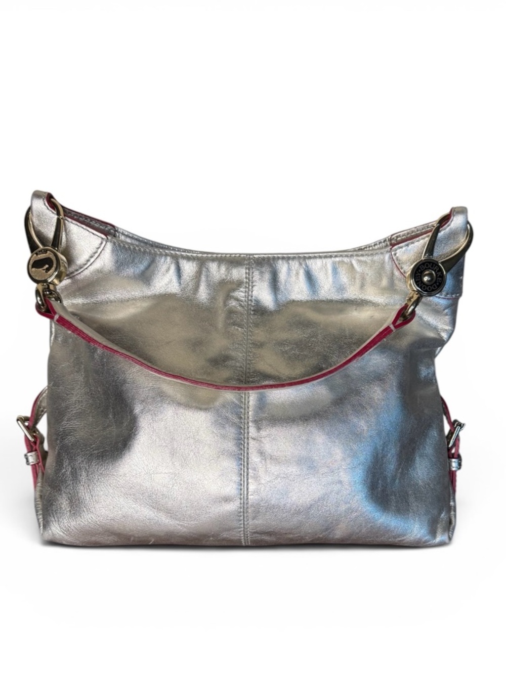 Dooney & Bourke Metallic Silver Leather Hobo Bag Red Trim Shoulder Purse